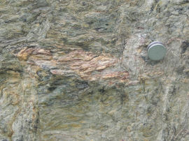 Filone di titanclinohumite all’interno della magnetite con calamita al cippo n.2 (37085 bytes)